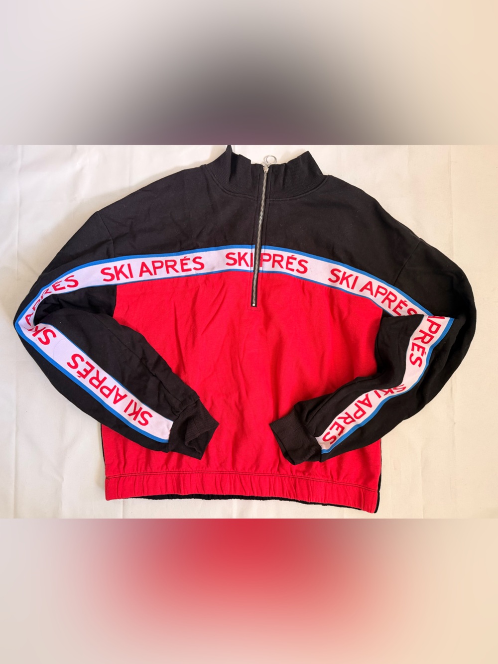 Well Worn Red and Black Half-Zip Sweater with Ski Après Tape